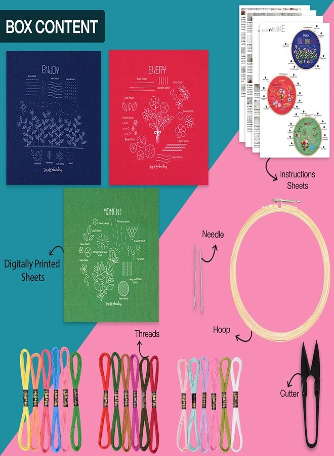 picknMAKE Combo of 3 Hand Embroidery Kits for Beginners - DIY Embroidery Kit for Adults & Kids with Colorful Fabrics, 16 Threads, Hoops, Needles & Step‑by‑Step Guide - Floral Theme - Image 2